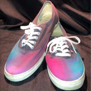 Men’s vans or ladies size 7 men 8.5 ladies blue and pink and dark gray tie dyed